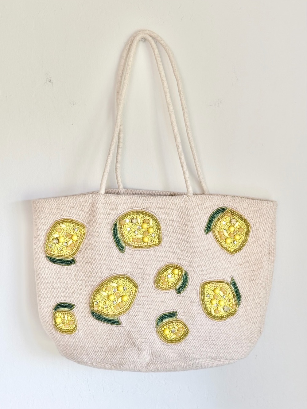 Beaded Lemon Embellished Cotton Tote Bag Beige Yellow, Summer NWOT